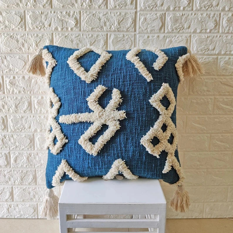 Blue Tufted Cotton Cushion Cover (Single)