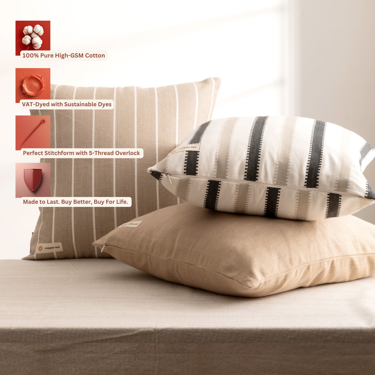 Stylish Atacama Brown & White Striped Pure Cotton Cushion Cover