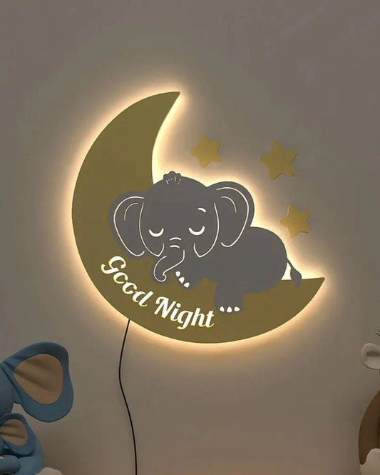 Sleeping Baby Elephent Over The Moon Wooden Wall Backlit For Kids Room Decor