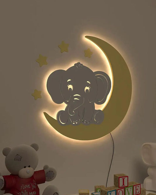 Baby Elephant On Moon Wooden Wall Mounted Backlit For Kids Room Decor