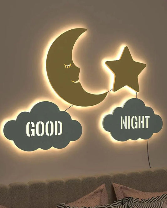 Good Night Moon & Star Wooden Wall Backlit For Kids Room Decor