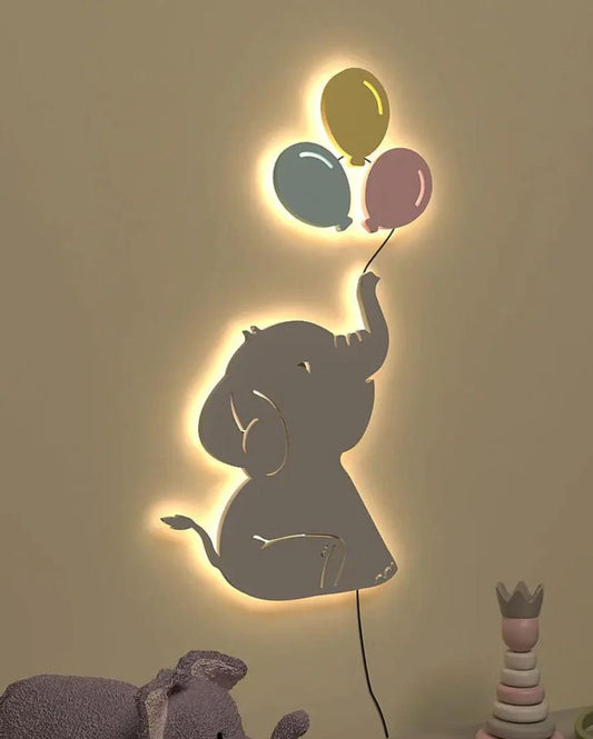 Baby Elephant Playing With Balloon Wooden Backlit For Kids Room Decor