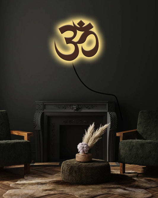 Om Symbol Wooden Brown Led Backlit For Home Office And Mandir Decoration 12 Inches