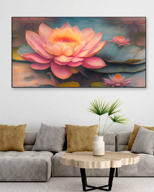 Pink Lotus Flower Floating Frame Canvas Wall Painting 24 X 12 Inches