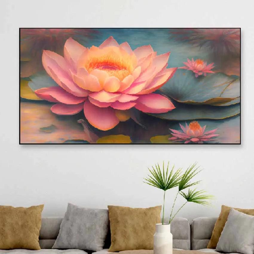 Pink Lotus Flower Floating Frame Canvas Wall Painting 24 X 12 Inches
