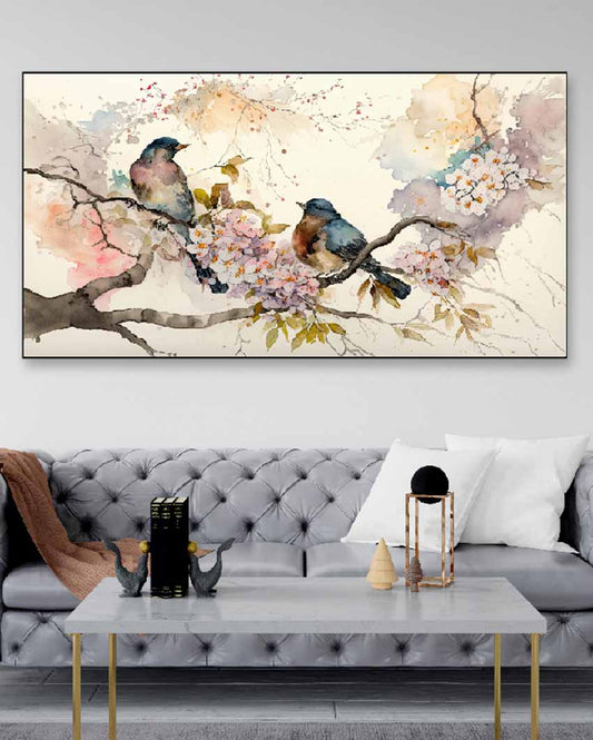 Colorful Birds & Flower Floating Frame Canvas Wall Painting 24 X 12 Inches