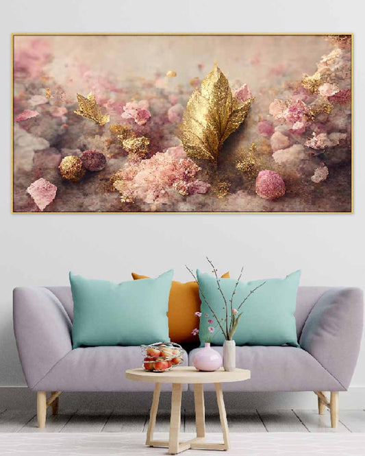 Elegant Flowers & Leaf Floating Frame Canvas Wall Painting 24 X 12 Inches