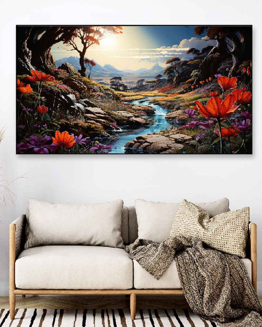 Beautiful Field Flowers Sunrise Frame Canvas Wall Painting 24 X 12 Inches