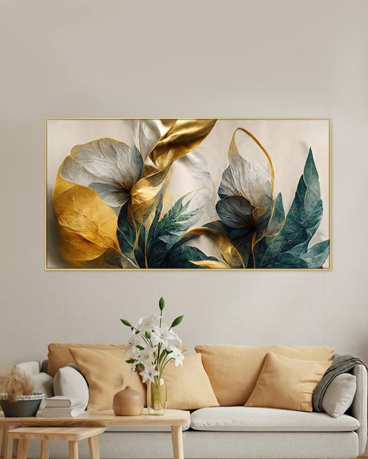 Elegant Golden Flower Floating Frame Wall Painting 24x12 inches