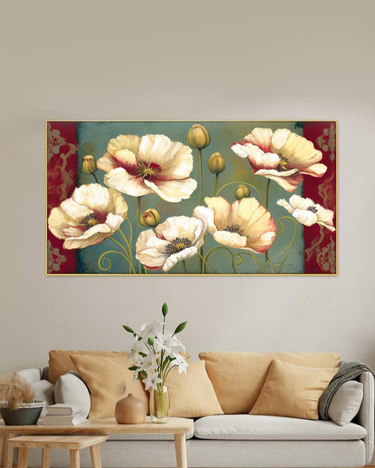 Golden Flowers Floating Canvas Frame Art Painting 24x12 inches