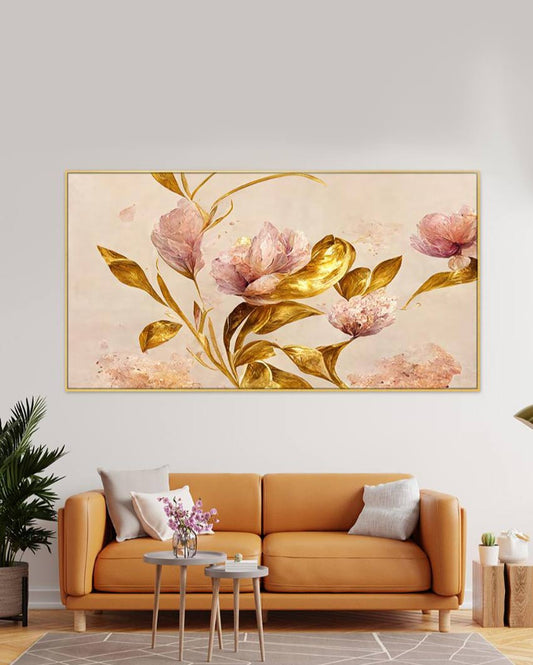 Pink Flowers with Golden Leaf Canvas Fame Wall Painting 24x12 inches