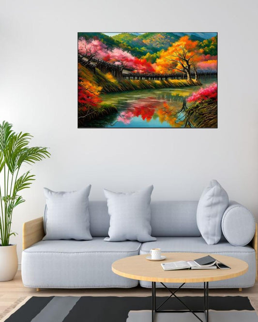 Autumn Landscape with Bridge Canvas Wall Painting