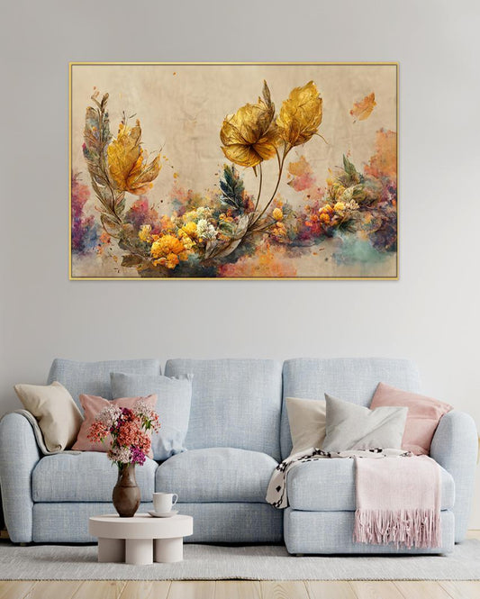 Golden Flowers Branches Vintage Canvas Wall Painting