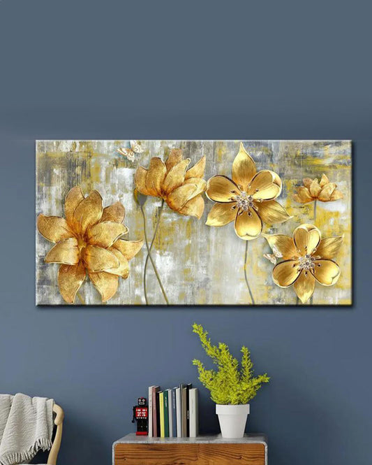 Blossoms Majestic Golden Flowers Panoramic Canvas Wall Painting 24x12 inches