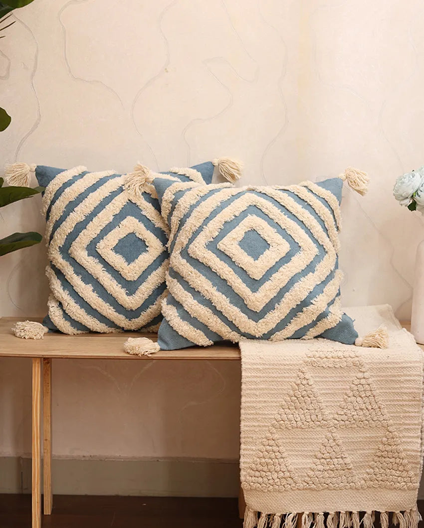 Blue Tufted Concentric Cotton Cushion Cover