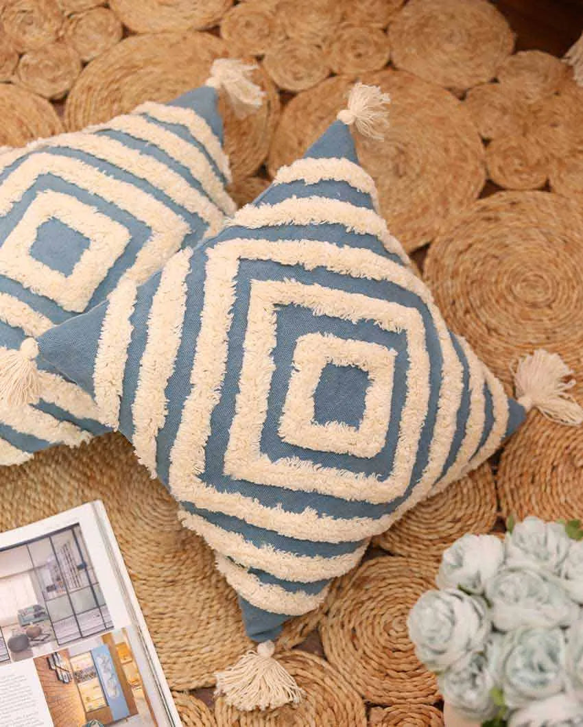 Blue Tufted Concentric Cotton Cushion Cover