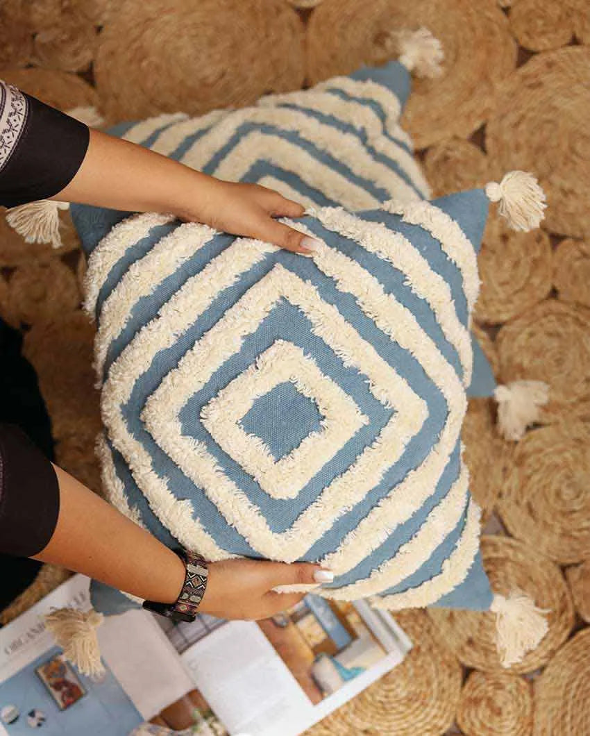Blue Tufted Concentric Cotton Cushion Cover