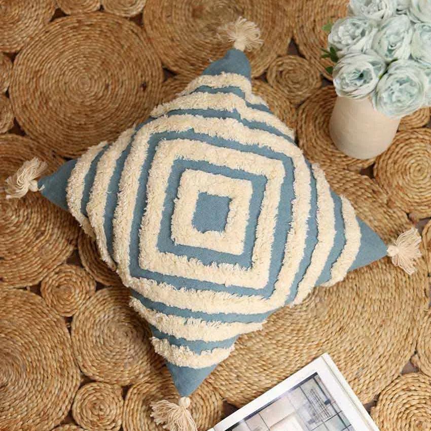 Blue Tufted Concentric Cotton Cushion Cover