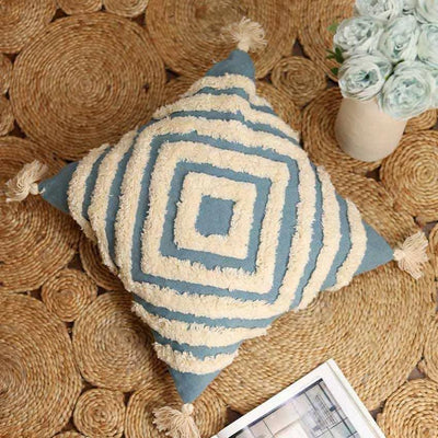 Blue Tufted Concentric Cotton Cushion Cover (Single)
