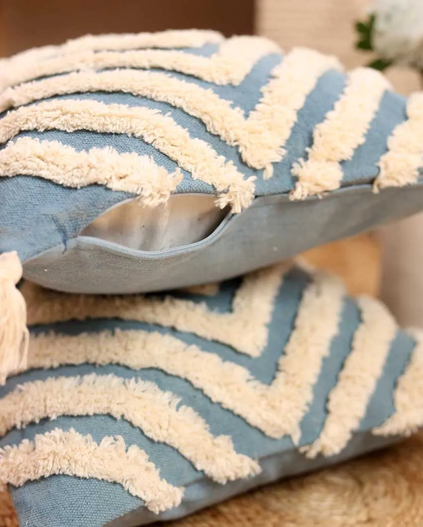 Blue Tufted Concentric Cotton Cushion Cover