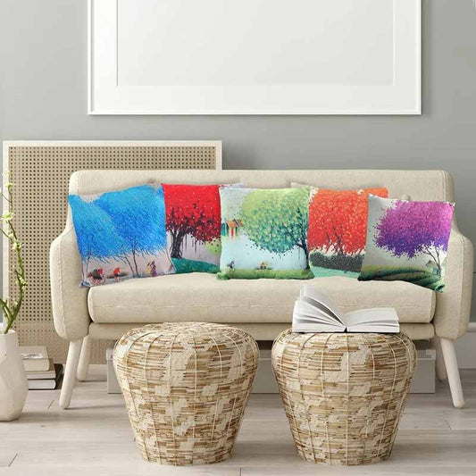 Lively Trees Jute Printed Cushion Cover | 16X16 | Set Of 5 Default Title