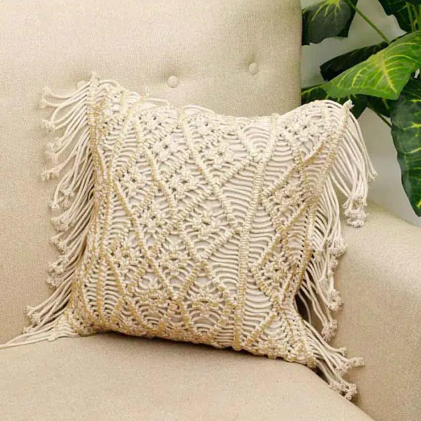 Diamonds Macrame Cotton Cushion Cover | 16 x 16 inches