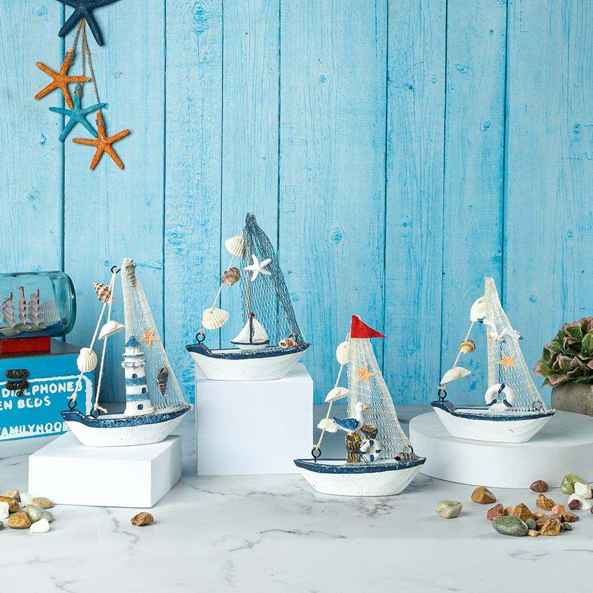 Mini Wooden Sailboat Model Decoration Showpiece | Pack of 4