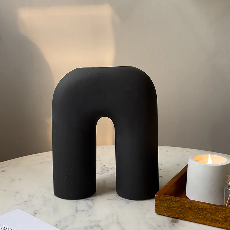 Modern Black U-Shaped Ceramic Vase | 8 x 3 x 10 inches