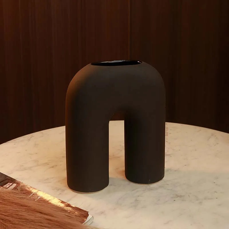 Modern Black U-Shaped Ceramic Vase | 8 x 3 x 10 inches