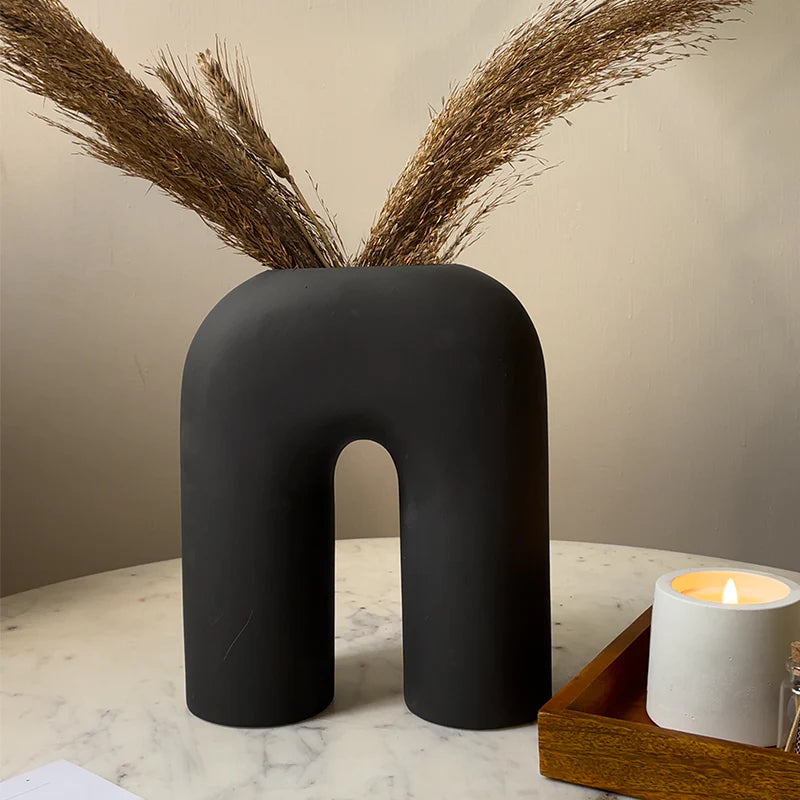 Modern Black U-Shaped Ceramic Vase | 8 x 3 x 10 inches