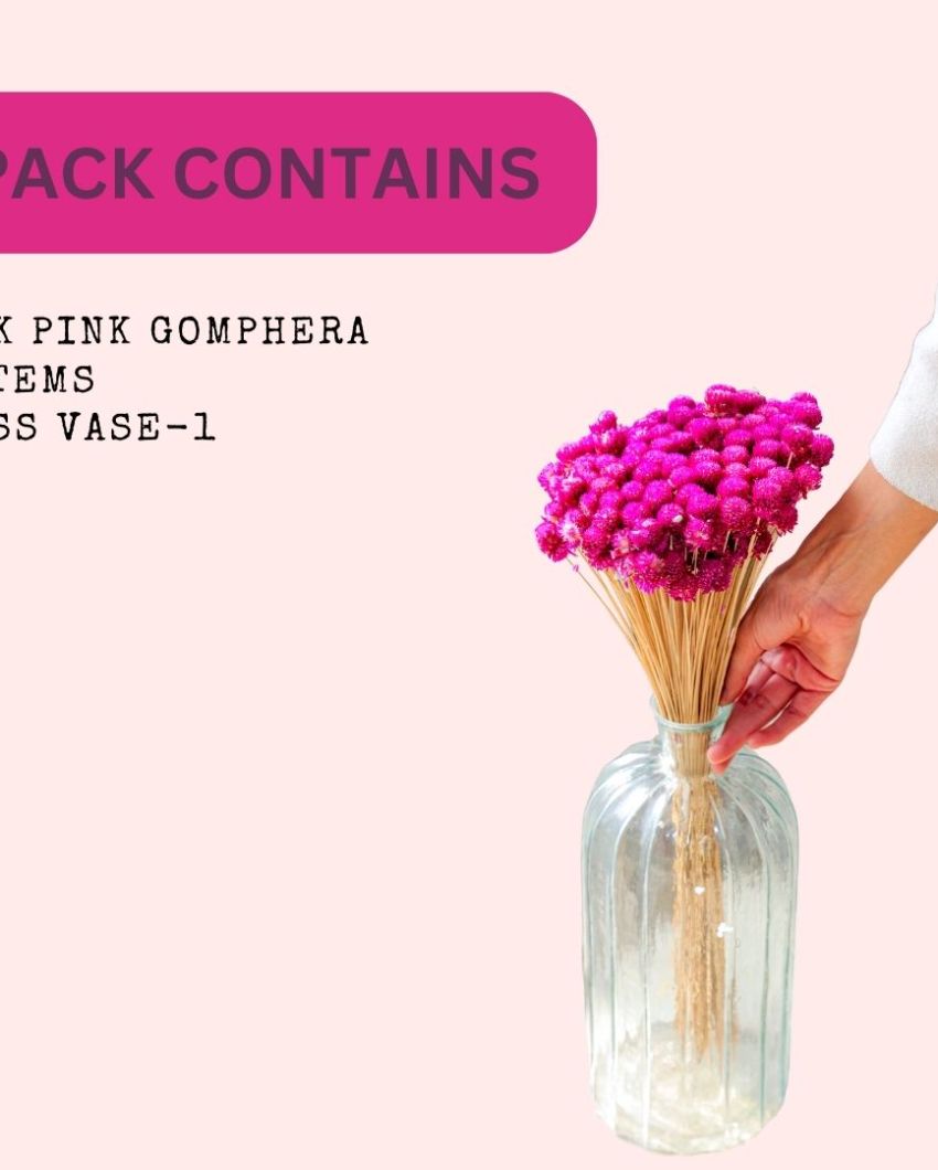 Dark Pink Gomphera With Crystal Glass Vase