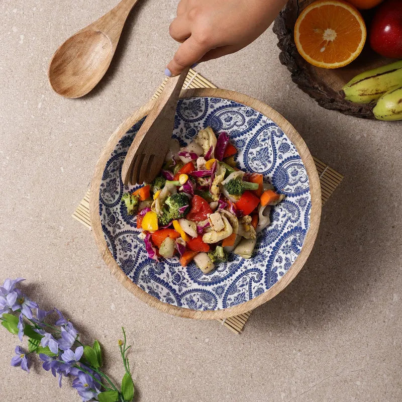 Wooden Large Salad Bowl | Royal Blue Paisley Default Title