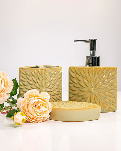 Vibrant Decor Ceramic Yellow Floral Bathroom Set | Set of 3