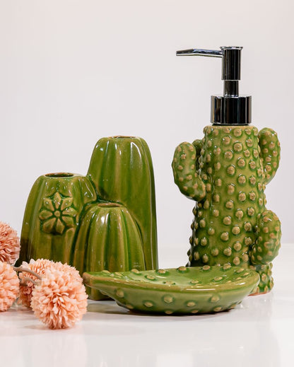 Cactus Design Ceramic Bathroom Accessories Set | Set of 3
