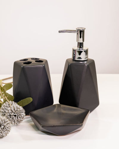 Sleek Matte Finish Ceramic Black Bathroom Set | Set of 3