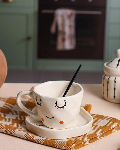Charming White Face Shaped Cup and Saucer | 4 x 4 inches