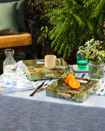 Elegant Floral Print Wooden Enamel Serving Trays | Set of 2