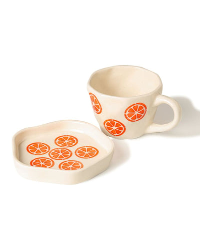 Vibrant Playful White Orange Slice Cup and Saucer Set | 4 x 4 inches