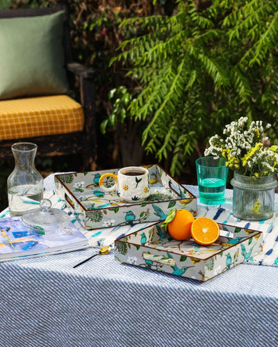 Charming Floral Bird Perch Wooden Decorative Trays | Set of 2