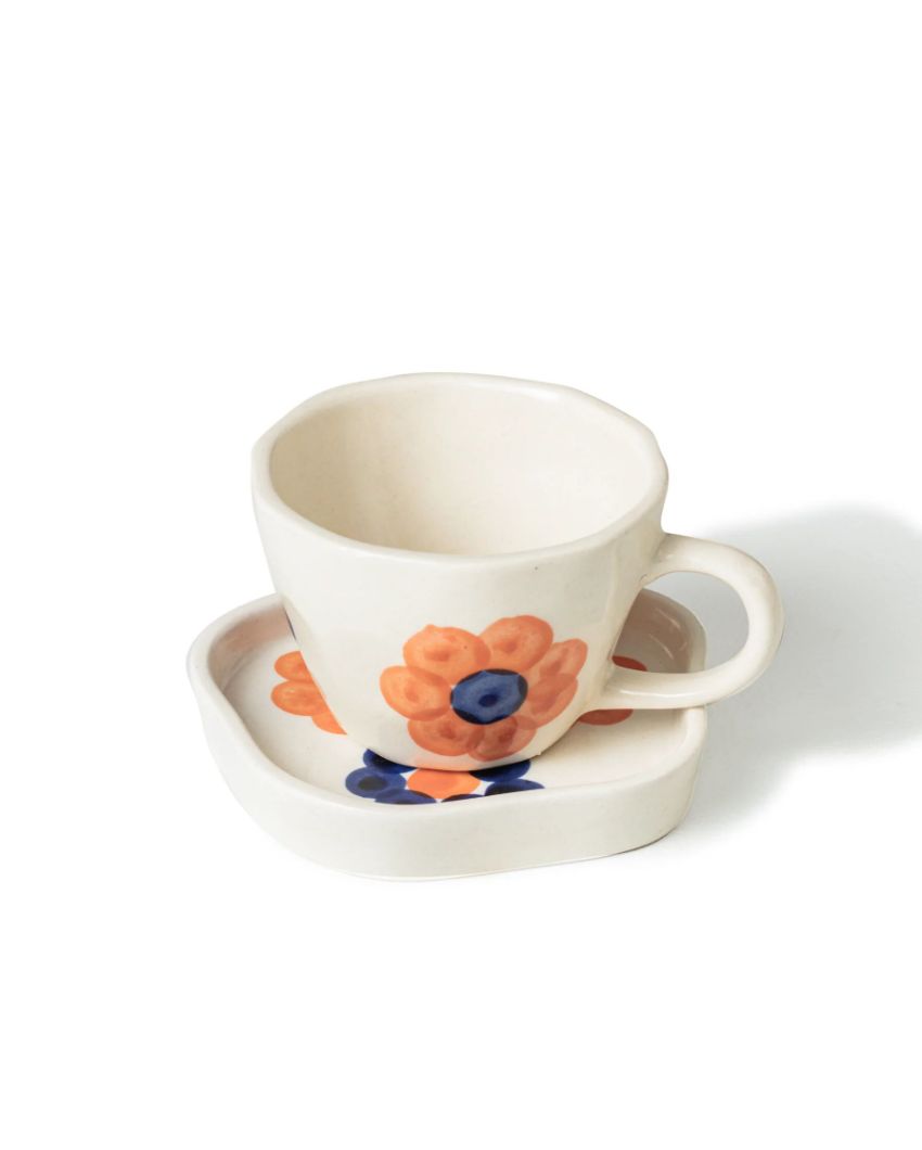 Cheerful Quirky White Floral Cup and Saucer Set | 4 x 4 inches