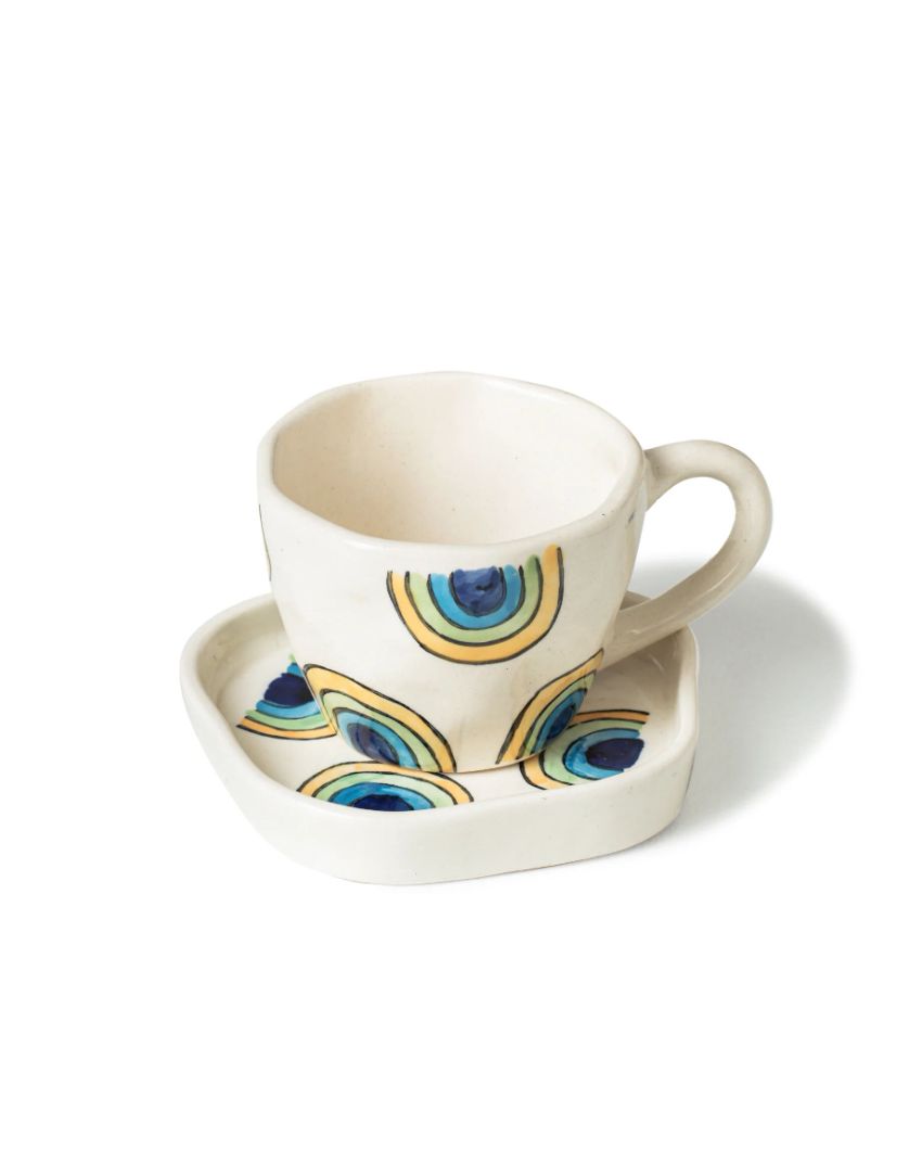 Lively Artistic White Rainbow Arch Cup and Saucer Set | 4 x 4 inches