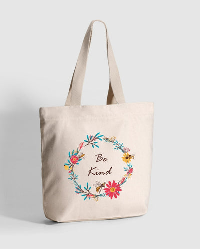 Be Kind Beige Large Zipper Tote Bag | 17 x 4 x 15 inches