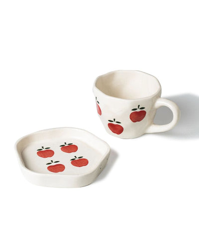 Playful Hand-Painted Apple Cream Cup and Saucer Set | 4 x 4 inches