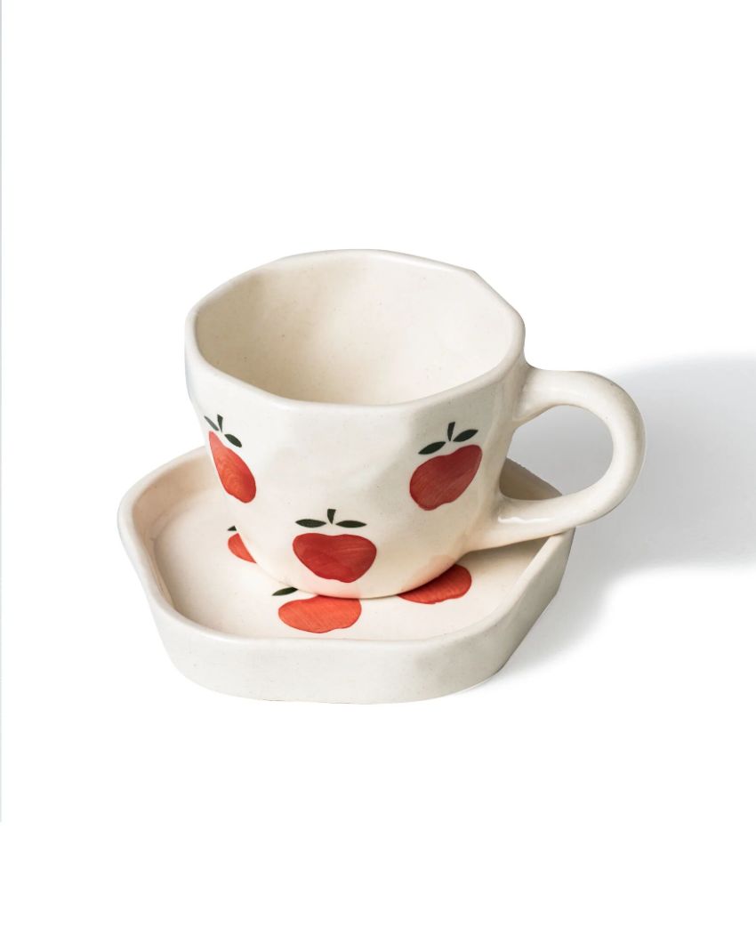 Playful Hand-Painted Apple Cream Cup and Saucer Set | 4 x 4 inches