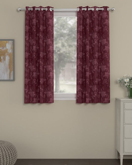 Jacquard Maroon Polyserter Curtains | Set Of 2 | Window, Door, Long Door | 5 Ft, 7 ft, 9 Ft Window (5 Ft)