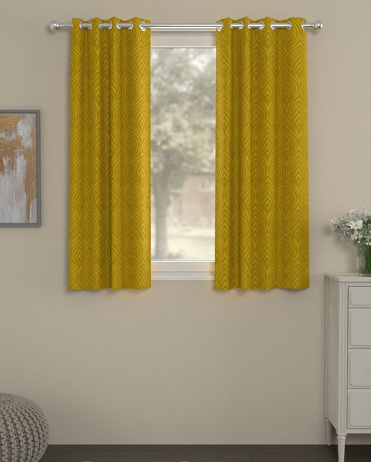 Jacquard Gold Polyserter Curtains | Set Of 2 | Window, Door, Long Door | 5 Ft, 7 ft, 9 Ft Window (5 Ft)