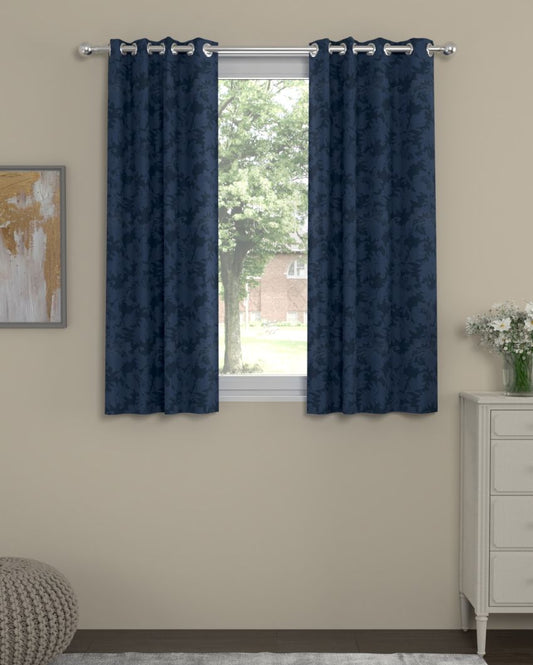 Jacquard Dark Blue Polyserter Curtains | Set Of 2 | Window, Door, Long Door | 5 Ft, 7 ft, 9 Ft Window (5 Ft)