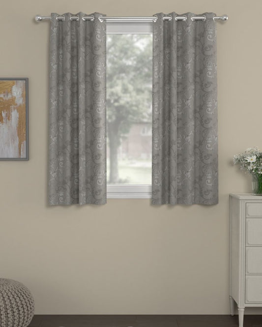 Jacquard Grey Floral Polyserter Curtains | Set Of 2 | Window, Door, Long Door | 5 Ft, 7 ft, 9 Ft Window (5 Ft)