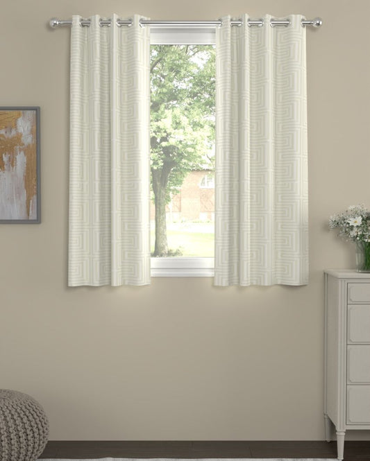 Off White Geometric Regular Polyester Curtains | Set Of 2 | Window, Door, Long Door | 5ft, 7ft, 9ft 5ft