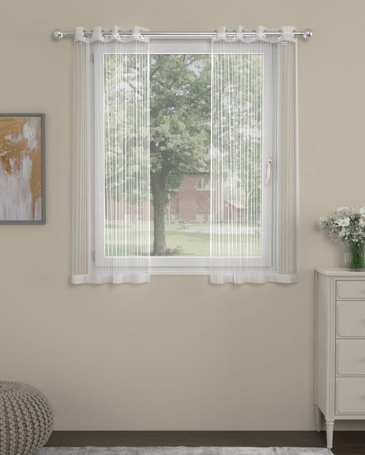White Striped Polyserter Curtains | Set Of 2 | Window, Door, Long Door | 5 Ft, 7 ft, 9 Ft Window (5 Ft)